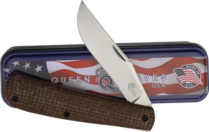 Queen Mountain Man Trapper Magnacut QSJMNB - Satin Magnacut Clip Blade, Brown Burlap Micarta Handle, Gift Tin by Queen