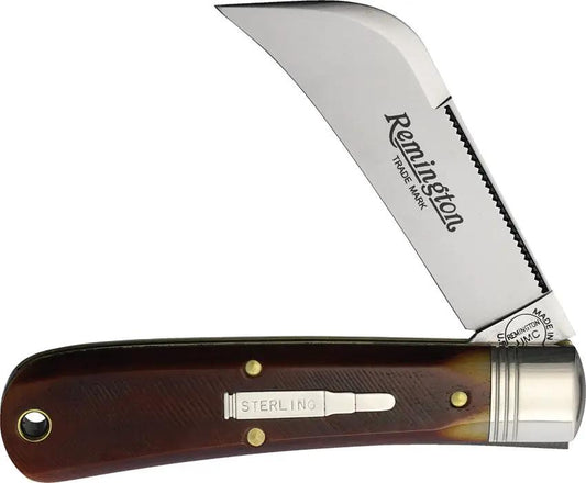 Remington 2023 Silver Bullet Hawkbill R693SB - 3.88in Satin 1095HC Blade, Sawcut Bone Handle, Sterling Bullet Inlay by Remington