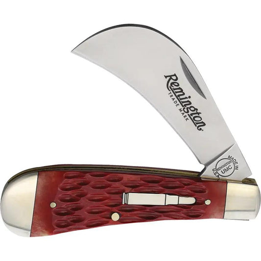 Remington Hawkbill Bullet Knife R693 - 4 Inch Closed Red Jigged Bone Handle with Satin 440 Stainless Hawkbill Blade by Remington