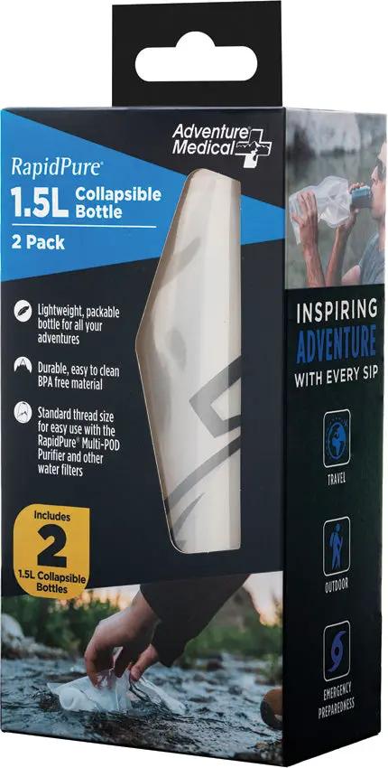 RapidPure 1.5L Collapsible Bottle 2 Pack - Lightweight and Packable BPA Free with Standard Thread for Purifier by Rapidpure