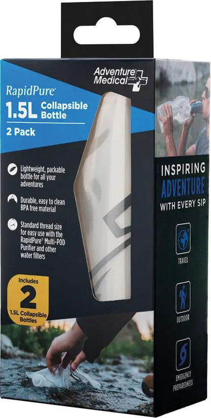 RapidPure 1.5L Collapsible Bottle 2 Pack - Lightweight and Packable BPA Free with Standard Thread for Purifier by Rapidpure