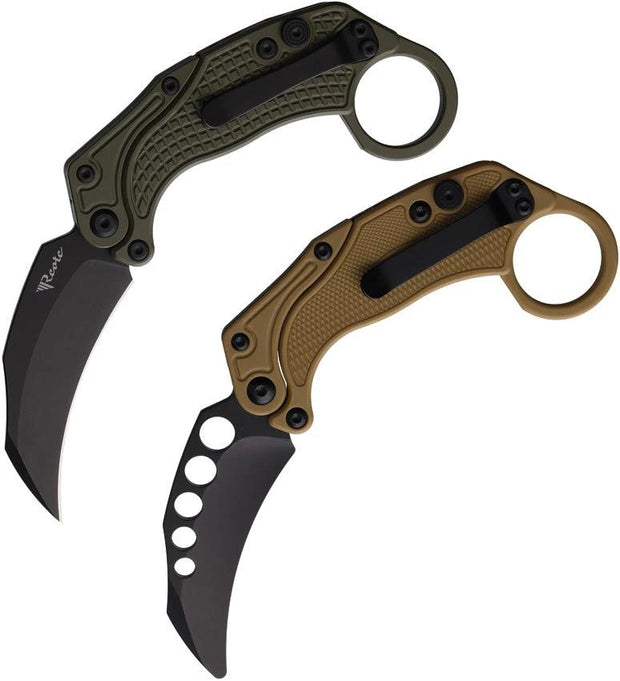 Reate Knives EXO K Button Lock Hawkbill EDC Folding Knife Gravity Deploy Black PVD Blade Textured Aluminum Handle N690 by Reate Knives