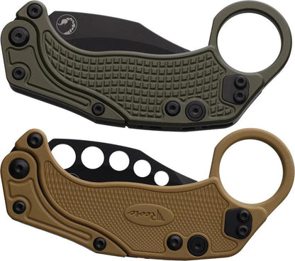 Reate Knives EXO K Button Lock Hawkbill EDC Folding Knife Gravity Deploy Black PVD Blade Textured Aluminum Handle N690 by Reate Knives