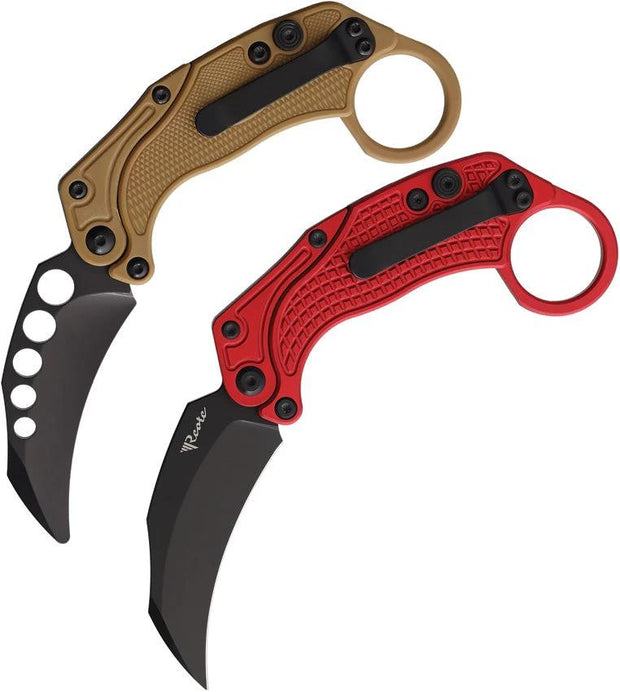 Reate Knives EXO-K Button Lock Hawkbill EDC Knife With Red Textured Aluminum Handle And PVD Finish by Reate Knives
