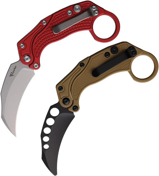 Reate Knives EXO K Button Lock Hawkbill EDC Knife Red Textured Aluminum Handle N690 by Reate Knives