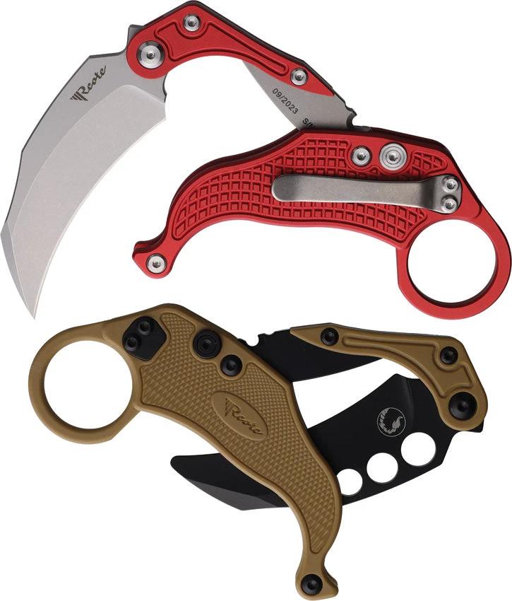 Reate Knives EXO K Button Lock Hawkbill EDC Knife Red Textured Aluminum Handle N690 by Reate Knives