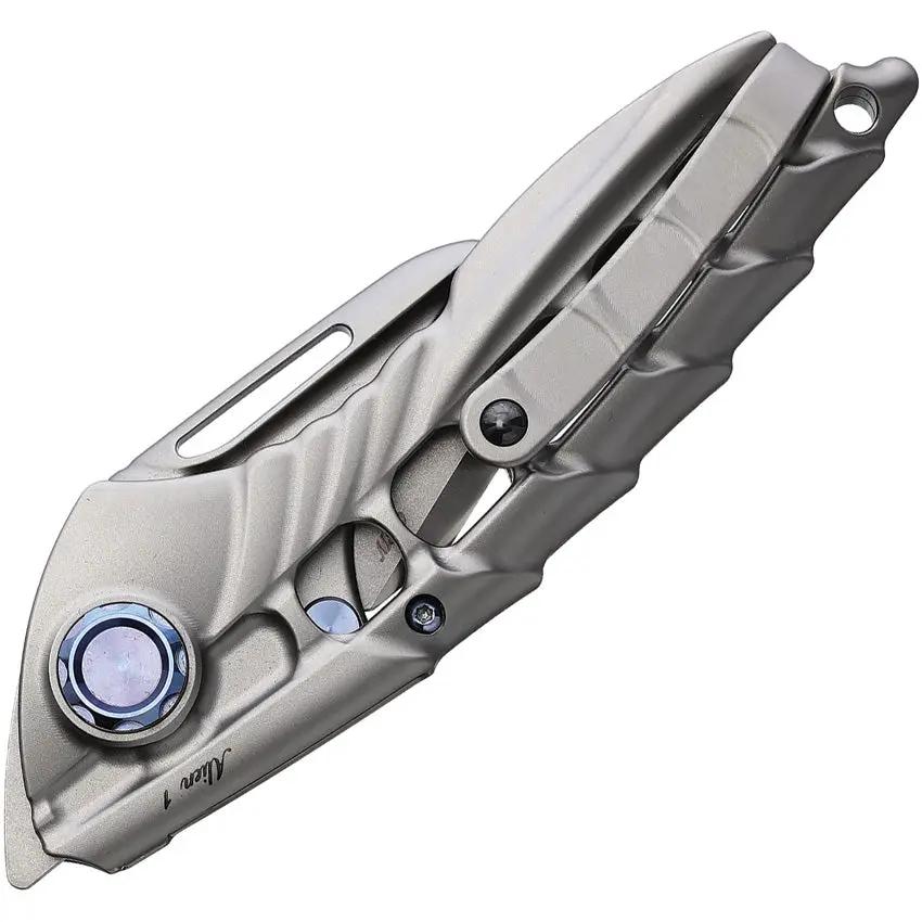 Rike Knife ALIEN1P - Framelock Bohler M390 Stonewashed Blade Gray Titanium Handle With Blue Accents by Rike Knife