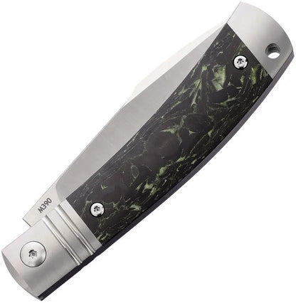 Rike Knife Slip Joint Black Green Carbon Fiber RKKD01GRNCF - 3 Inch Satin M390 Blade, Green CF Handle, Lanyard Hole by Rike Knife