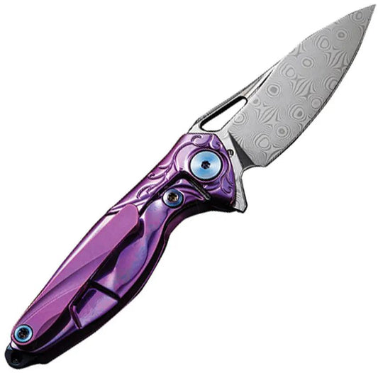 Rike Knife Mini Framelock Purple - Rose Pattern Damascus Steel Blade With Purple Anodized Titanium Handle by Rike Knife