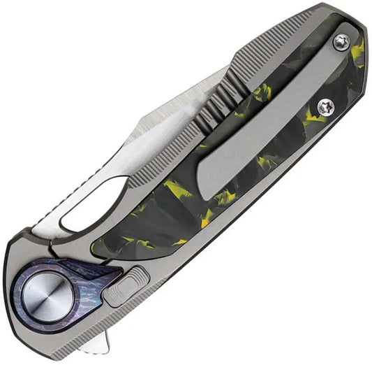 Remette Saker Falcon Button Framelock ASTP-2 - S45VN Tanto Blade With Timascus Onlay And Gray Titanium Handle by REMETTE