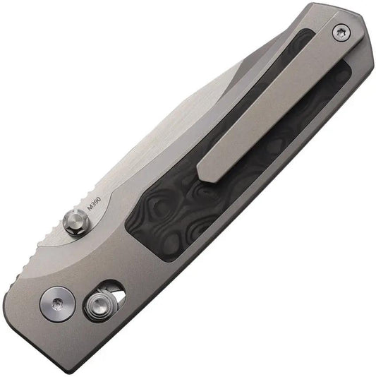 Remette Aurora Crossbar Lock CF AURA-D - Blade With Bohler M390 Steel Damascus Carbon Fiber Inlay Titanium Handle by REMETTE
