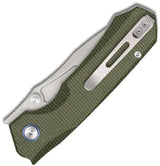 Remette Rhino Button Lock Green MC25A Satin 14C28N Drop Point Blade With Green Canvas Micarta Handle Pocket Clip by REMETTE