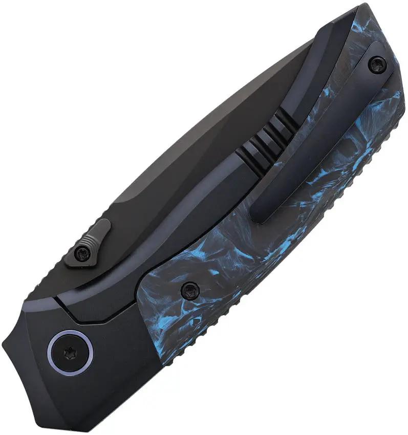 Remette Steed Button Framelock Knife - Blue Carbon Fiber Inlay On Black Titanium Handle With M390 Blade by REMETTE