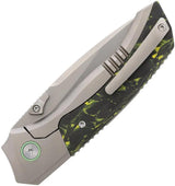 Remette Steed Button Framelock - Yellow Carbon Fiber Inlay M390 Drop Point Knife With Pearlescent Blade Finish by REMETTE