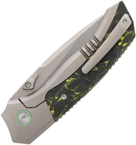 Remette Steed Button Framelock - Yellow Carbon Fiber Inlay M390 Drop Point Knife With Pearlescent Blade Finish by REMETTE