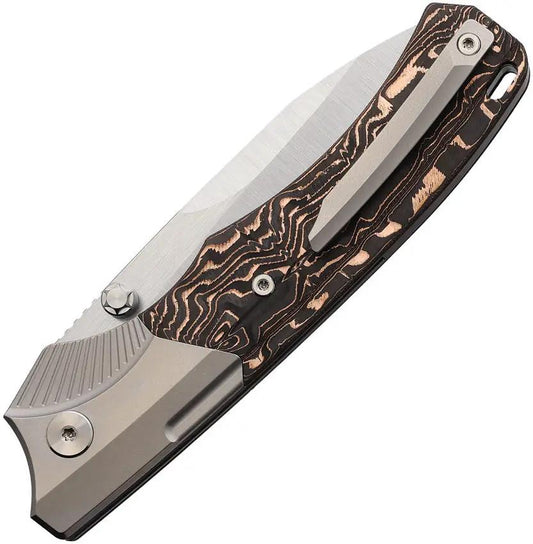 Remette WD107 Button Lock - Satin Blade, Copper Foil Carbon Fiber Handle, Titanium Bolster, Lanyard Hole by REMETTE