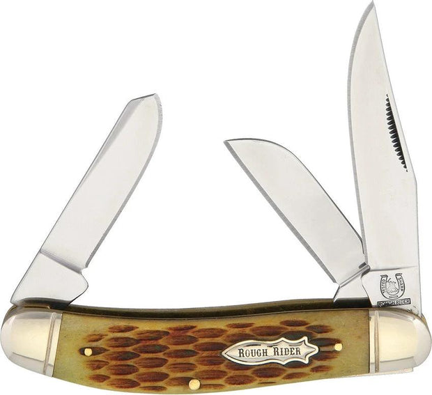 Rough Rider Sowbelly Stockman Amber Bone Knife 3.75in With Clip Spey And Sheepsfoot Blades For Collectors by Rough Rider