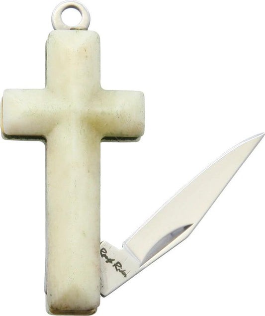 Rough Rider Cross Knife White Smooth Bone With Satin Clip Point Blade Keyring EDC For Collectors by Rough Rider