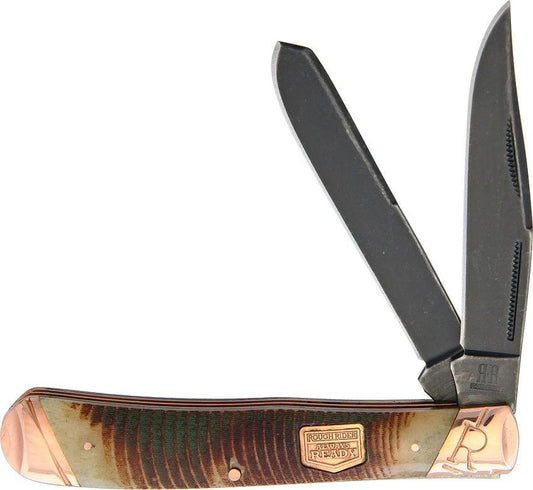 Rough Rider Backwoods Trapper Knife Outdoorsmen Rugged 4.13in Black Stonewash Clip Spey Blades Brown Jigged Bone by Rough Rider