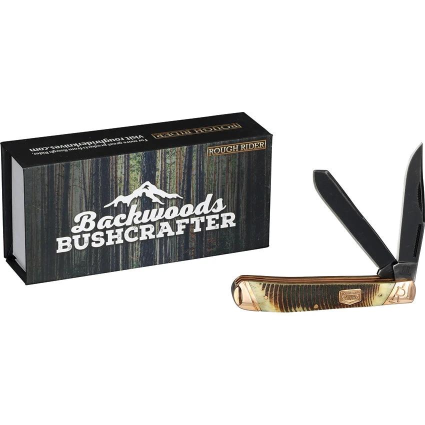 Rough Rider Backwoods Trapper Knife Outdoorsmen Rugged 4.13in Black Stonewash Clip Spey Blades Brown Jigged Bone by Rough Rider