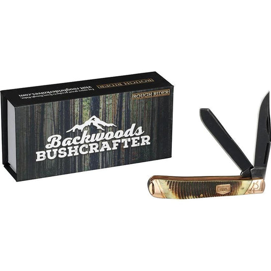 Rough Rider Backwoods Trapper Knife Outdoorsmen Rugged 4.13in Black Stonewash Clip Spey Blades Brown Jigged Bone by Rough Rider