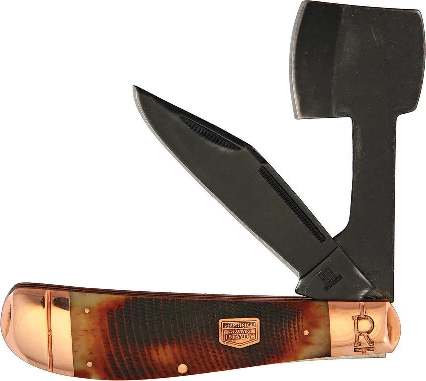 Rough Rider Backwoods Bushcrafter Folding Chopper 5 Inch Black Stonewash Blade Brown Jigged Bone Outdoorsmen by Rough Rider