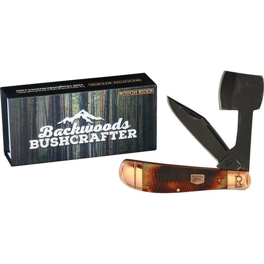 Rough Rider Backwoods Bushcrafter Folding Chopper 5 Inch Black Stonewash Blade Brown Jigged Bone Outdoorsmen by Rough Rider
