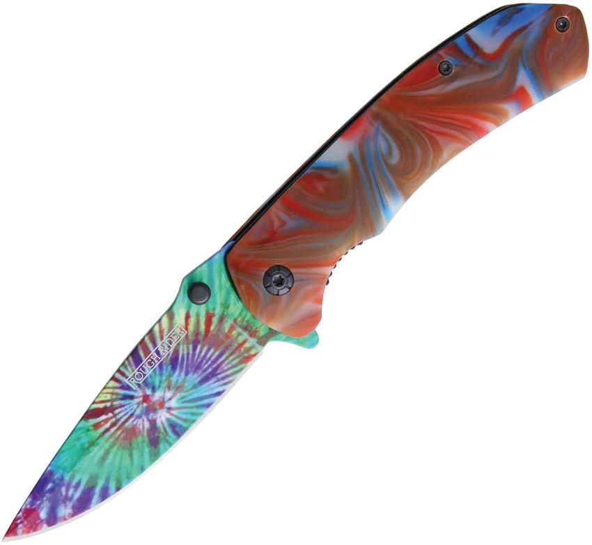 Rough Rider Tie Dye Linerlock Assisted Opening Knife For EDC Enthusiasts With Red Blue Swirl Handle by Rough Rider