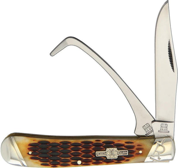 Rough Rider Equestrian Trapper Amber Bone Knife With Hoof Pick Mirror Finish Stainless Clip Blade For Riders 4.13 Inch by Rough Rider