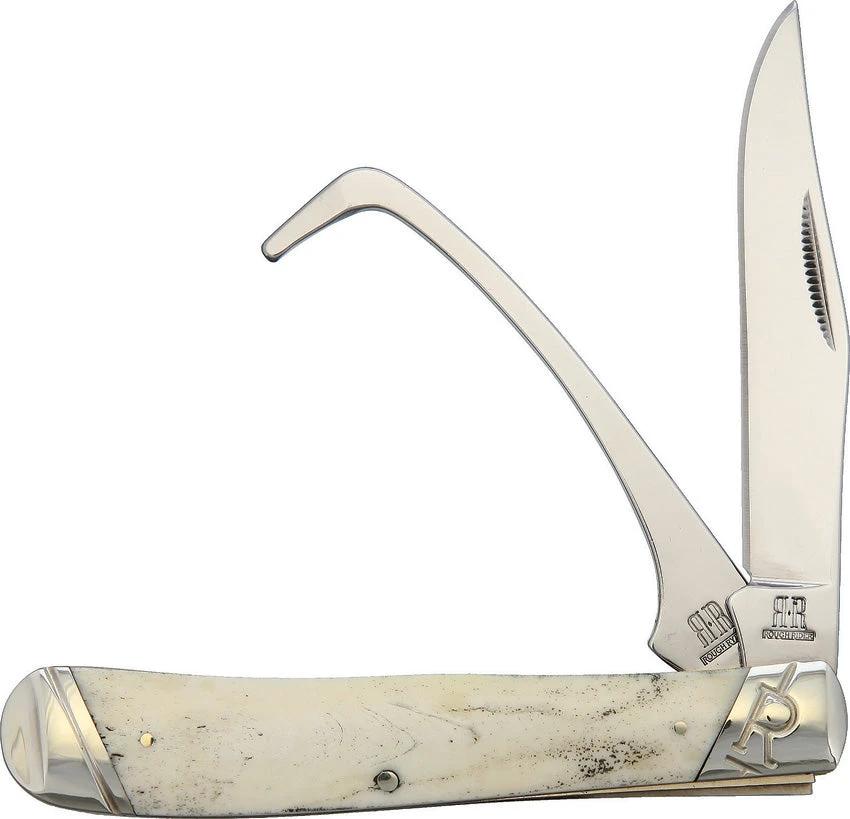 Rough Rider Premium Equestrian Trapper Knife White Bone 4.13in Closed with Clip Blade and Hoof Pick by Rough Rider