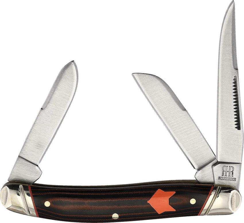 Rough Rider Desert Fox Stockman Knife 3.5 Closed Satin Clip Sheepsfoot Spey Blades Black Orange Micarta For Collectors by Rough Rider