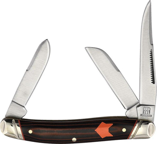 Rough Rider Desert Fox Stockman Knife 3.5 Closed Satin Clip Sheepsfoot Spey Blades Black Orange Micarta For Collectors by Rough Rider