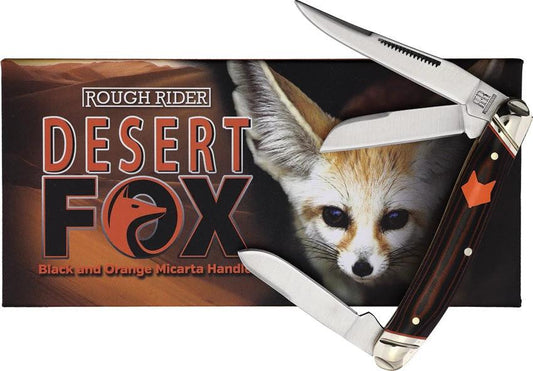 Rough Rider Desert Fox Stockman Knife 3.5 Closed Satin Clip Sheepsfoot Spey Blades Black Orange Micarta For Collectors by Rough Rider