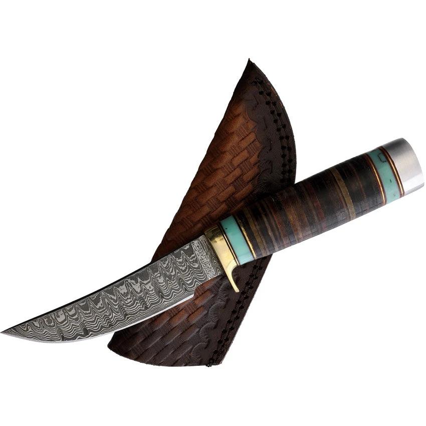 Rough Rider Skinner RR2389 Rugged Damascus Blade Outdoor Hunting Knife With Turquoise Leather Handle by Rough Rider