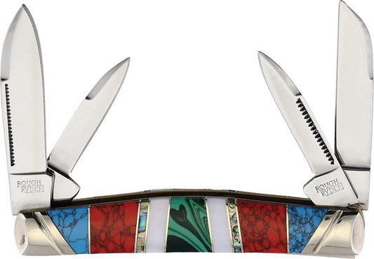Rough Rider Stoneworx KB403H Congress Knife For Collectors With Stainless Blades Turquoise Mother Of Pearl Stone Handles by Rough Rider