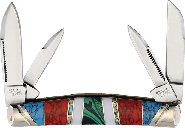 Rough Rider Stoneworx KB403H Congress Knife For Collectors With Stainless Blades Turquoise Mother Of Pearl Stone Handles by Rough Rider