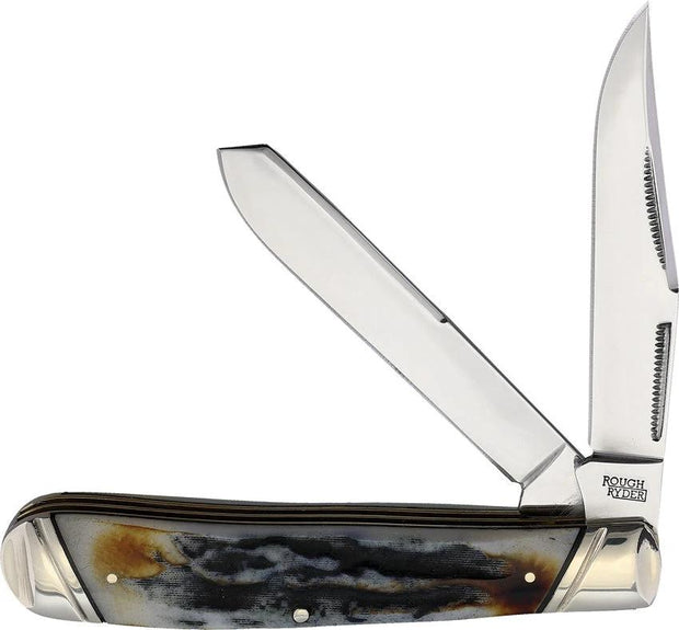 Rough Rider Trapper Cinnamon Bone Stag Knife For Outdoorsmen With Mirror Finish Carbon Steel Blades by Rough Rider