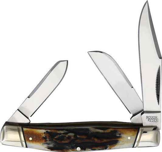 Rough Rider Stockman Knife Cinnamon Bone Stag 3.75 Inch Closed With Clip Sheepsfoot Spey Blades For Collectors by Rough Rider