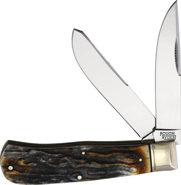 Rough Rider Jumbo Trapper Knife Cinnamon Stag Bone Handle Mirror Carbon Steel Blades For Collectors by Rough Rider
