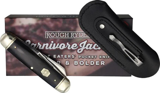 Rough Rider Carnivore Jack 2 Black Smooth Bone Handle - Stainless Serrated Clip and Spey Blades for Outdoorsmen by Rough Rider