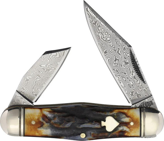 Rough Rider Swell Center Jack Knife Cinnamon Jigged Bone Damascus Clip And Spey Blades For Collectors by Rough Rider