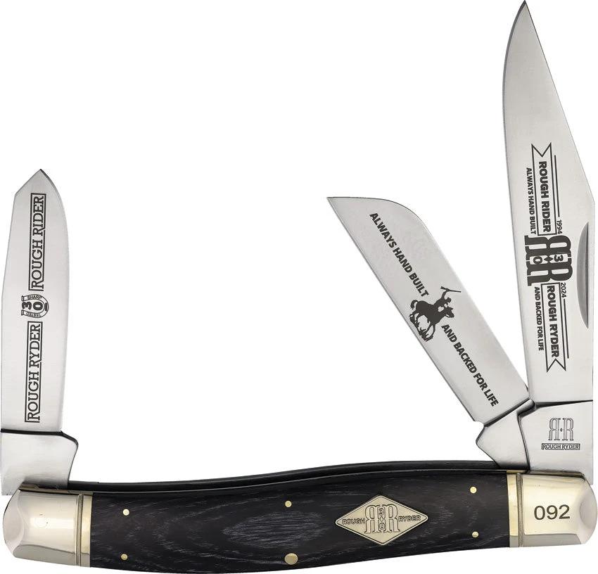 Rough Rider 30th Anniversary Stockman Knife 8 Inch Closed Satin Stainless Sheepsfoot Spey Blades Pakkawood for Collectors by Rough Rider