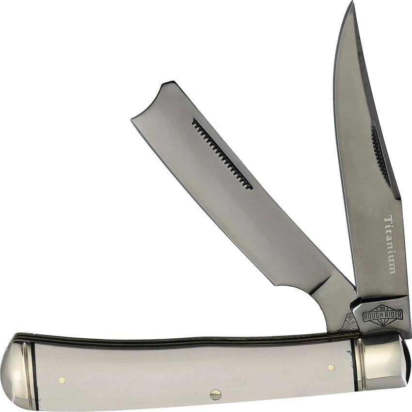 Rough Rider Tuxedo Razor Trapper KB202H 4.13in Closed Titanium Coated Stainless White Micarta Handle Collectors Boxed by Rough Rider
