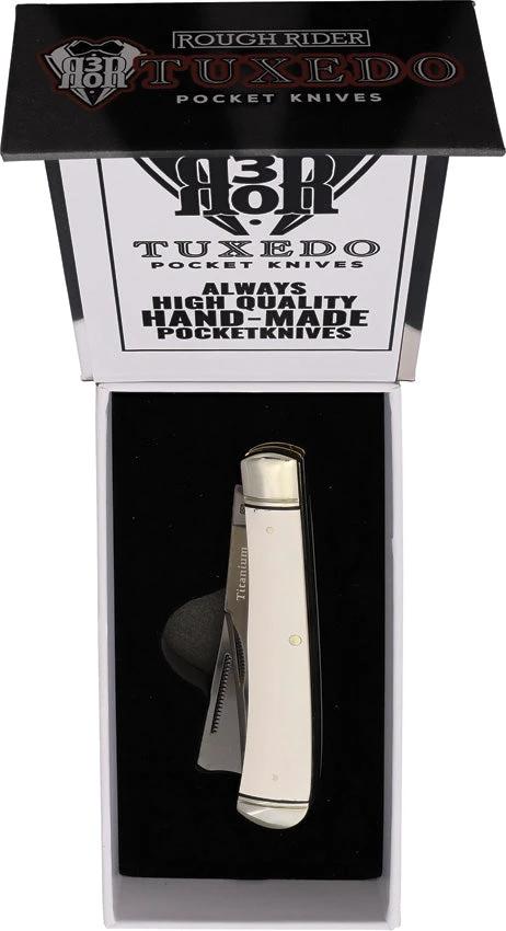 Rough Rider Tuxedo Razor Trapper KB202H 4.13in Closed Titanium Coated Stainless White Micarta Handle Collectors Boxed by Rough Rider