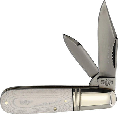 Rough Rider Premium Barlow Knife Tuxedo Series 3.38 Inch Closed Gray Titanium Coated Blades White Micarta For Collectors by Rough Rider
