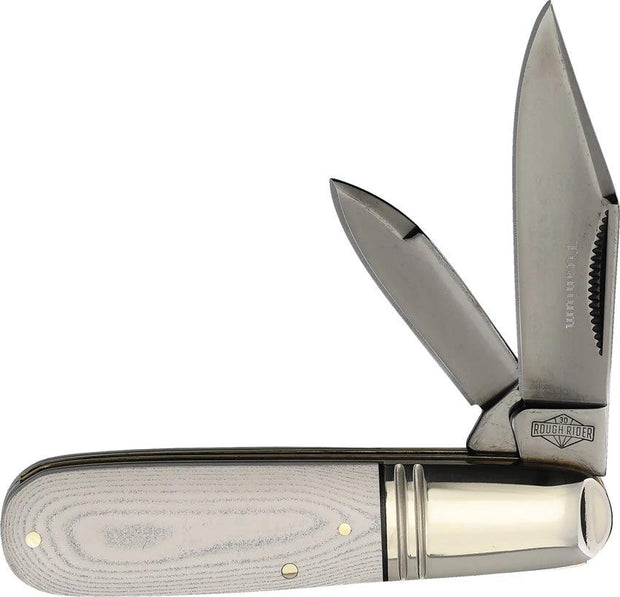 Rough Rider Premium Barlow Knife Tuxedo Series 3.38 Inch Closed Gray Titanium Coated Blades White Micarta For Collectors by Rough Rider