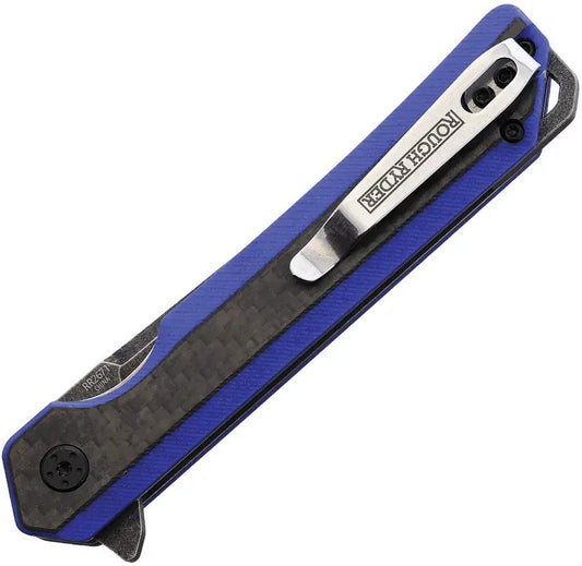 Rough Rider Linerlock Knife - 3.63 Inch Blade Blue G10 Handle With Carbon Fiber Inlay Extended Tang For EDC by Rough Rider