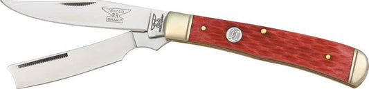 Rough Rider Razor Trapper Knife KB202 Red Jigged Bone Handle Stainless Premium Blades Four Point One Three Inches Closed For EDC Collectors by Rough Rider