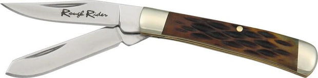 Rough Rider Tiny Trapper Amber Jigged Bone Knife with Stainless Clip and Spey Blades for Collectors and EDC Enthusiasts by Rough Rider