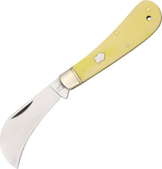 Rough Rider Hawkbill Knife 4 Inch 440 Stainless Blade Durable Yellow Synthetic Handle EDC Outdoor by Rough Rider